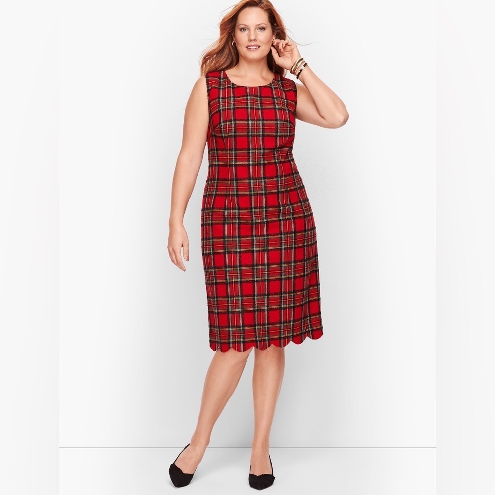 Talbots Plaid Shimmer Scallop Hem Sheath Dress – Size 12 | Red Tartan Shimmer